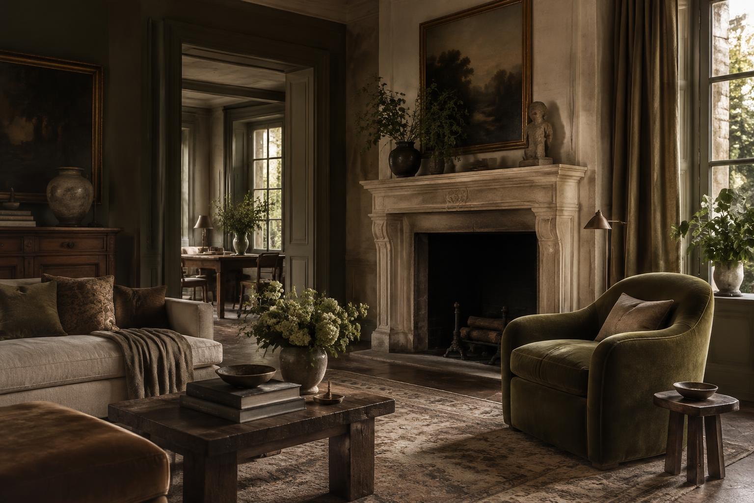 Layered European interior with richly upholstered furniture
