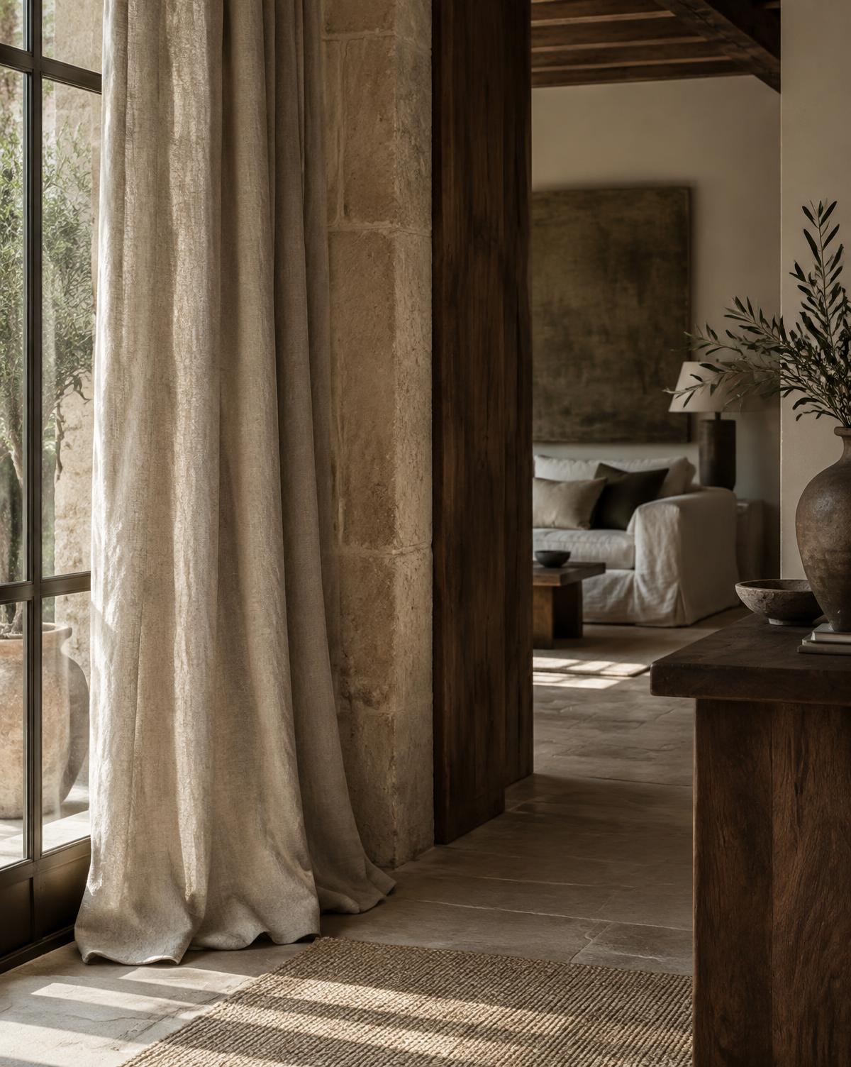 Linen drapery within a stone European interior